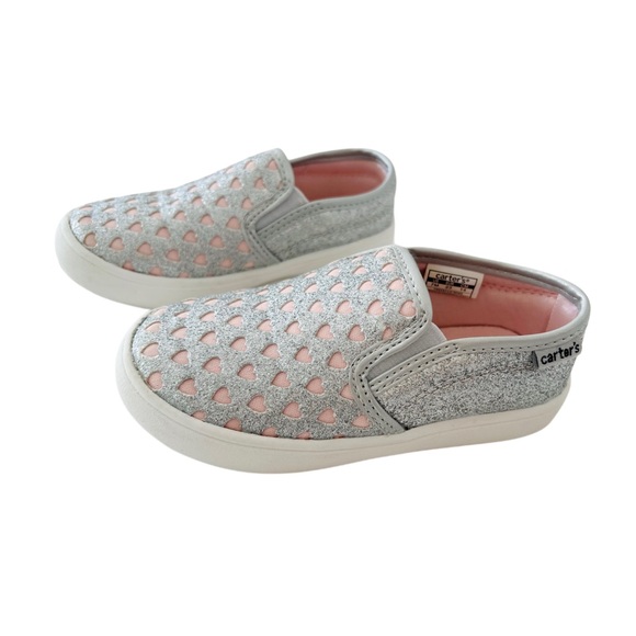 Carter's Silver Glitter and Light Pink Heart Slip-On Sneakers | Toddler Girl 7 - Picture 3 of 7